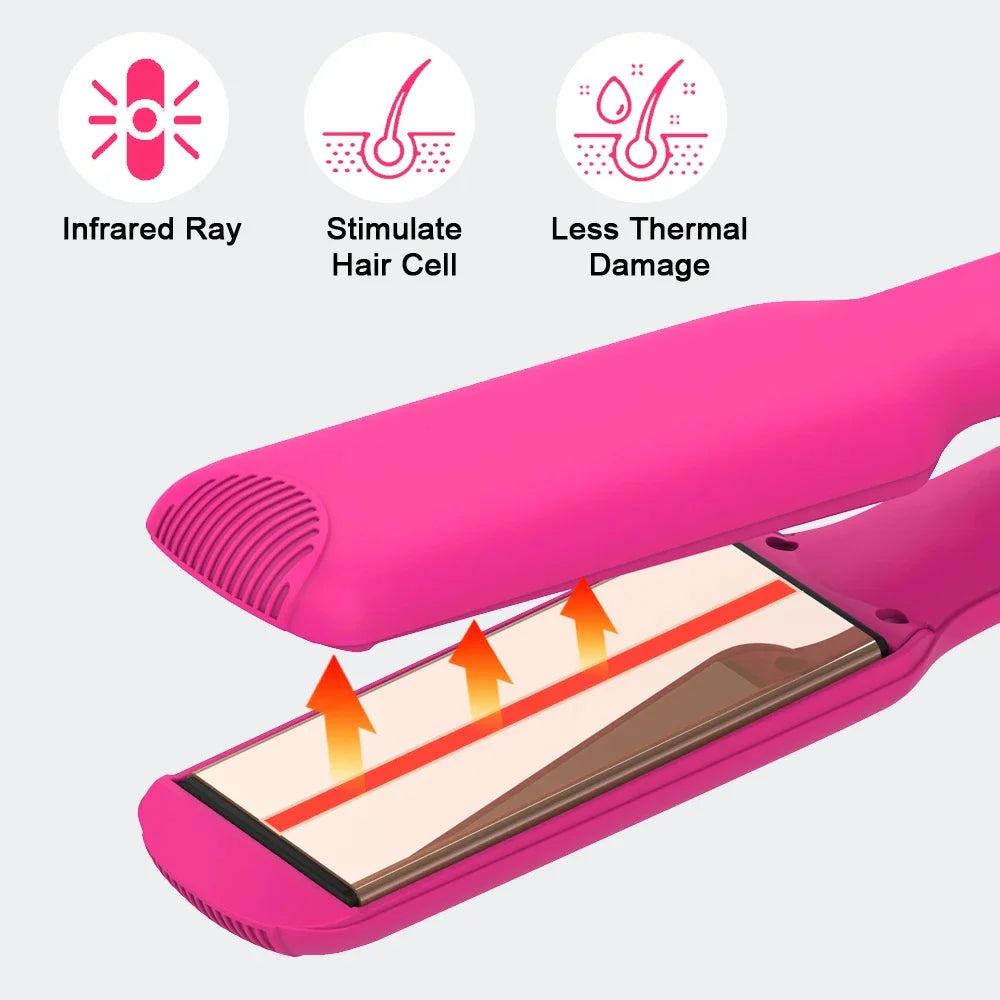 Pink Infrared Hair Straightener,450℉ Titanium Wide Flat Iron,30s Fast Heating, Hair Straightener and Curler 2 in 1