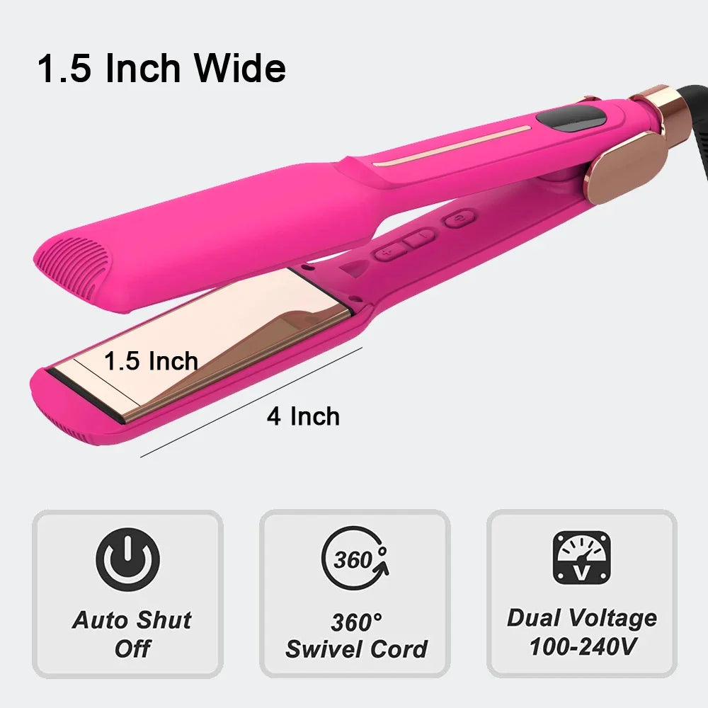 Pink Infrared Hair Straightener,450℉ Titanium Wide Flat Iron,30s Fast Heating, Hair Straightener and Curler 2 in 1