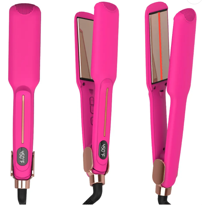 Pink Infrared Hair Straightener,450℉ Titanium Wide Flat Iron,30s Fast Heating, Hair Straightener and Curler 2 in 1